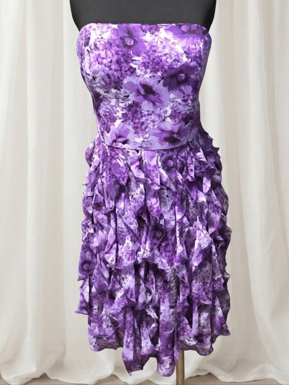 White House Black Market Strapless Purple Floral Ruffle Dress - Picture 1 of 5
